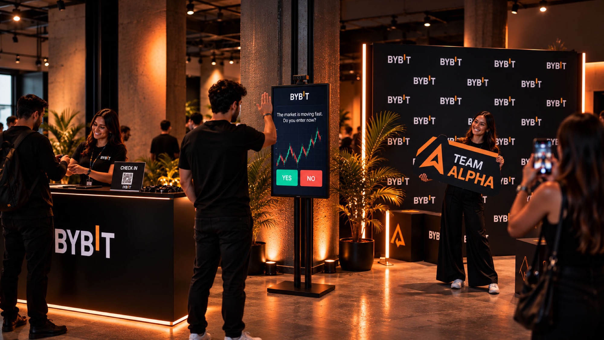 Check-in, trading personality game and team photo reference